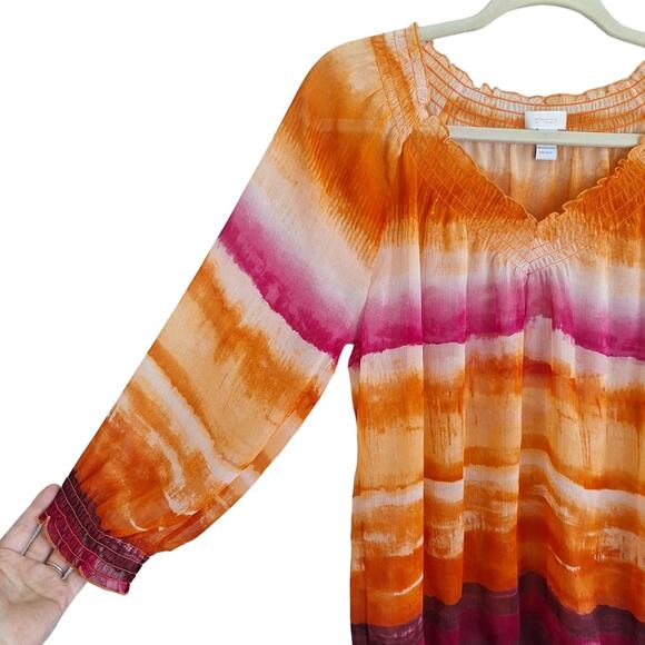 Chicos Colorful Orange & Pink Sheer Layering Blouse w Elastic Hem 0 / S - Picture 4 of 9